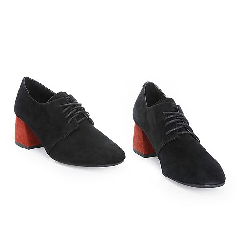 Teenmix/天美意秋专柜同款黑色羊绒皮革粗跟系带鞋女单鞋CEB20CM8
