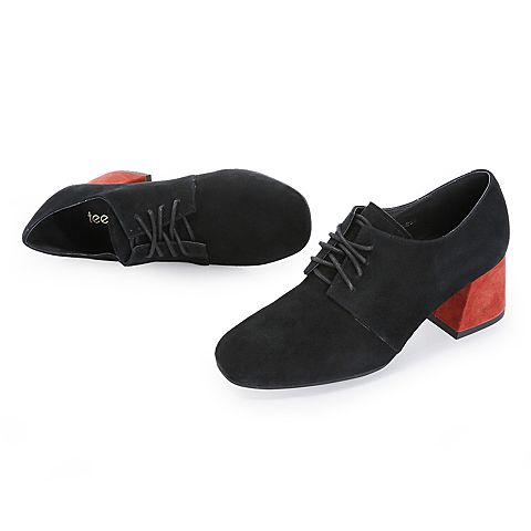 Teenmix/天美意秋专柜同款黑色羊绒皮革粗跟系带鞋女单鞋CEB20CM8