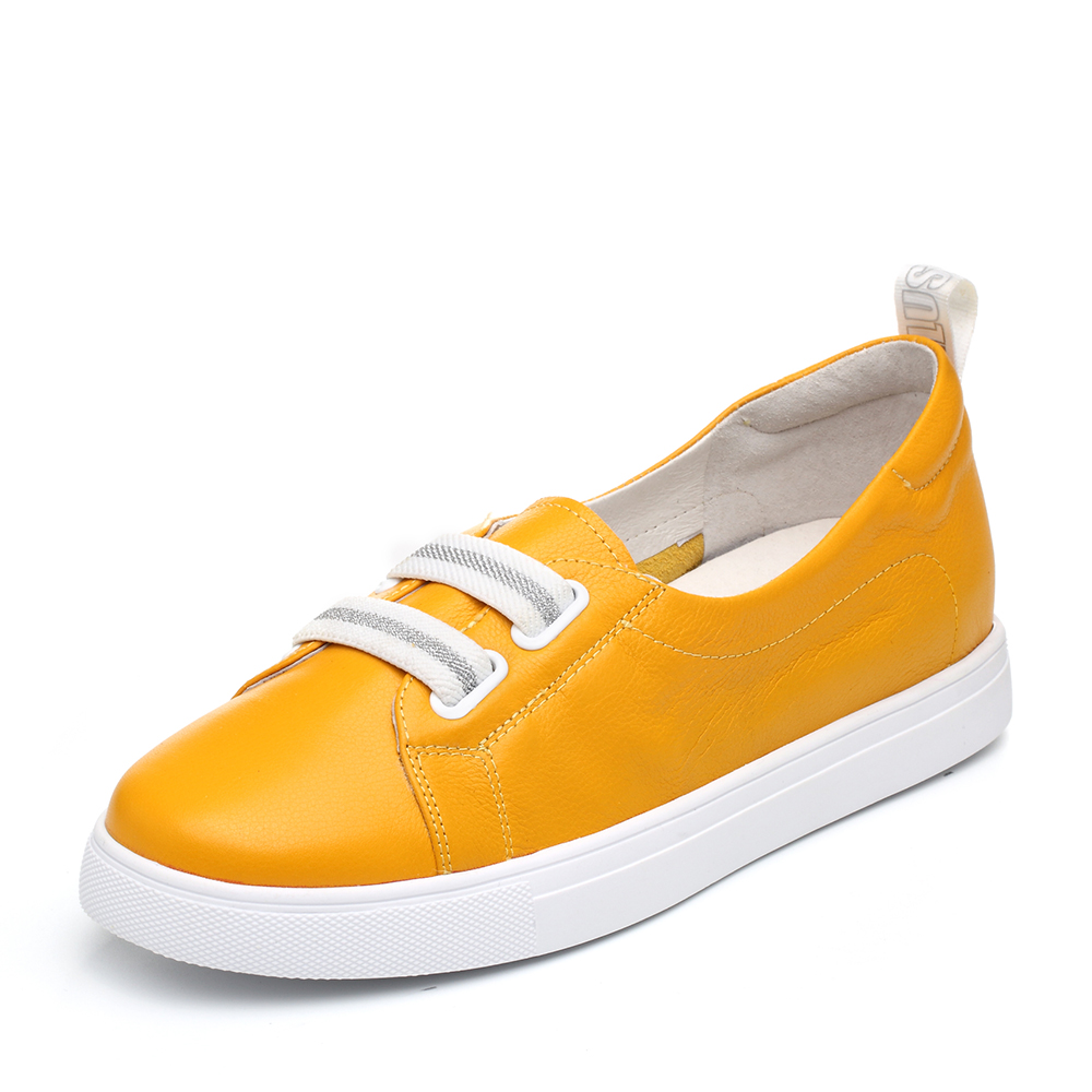 Teenmix/天美意春专柜同款黄色牛皮革条纹松紧带女休闲鞋6W701AQ8