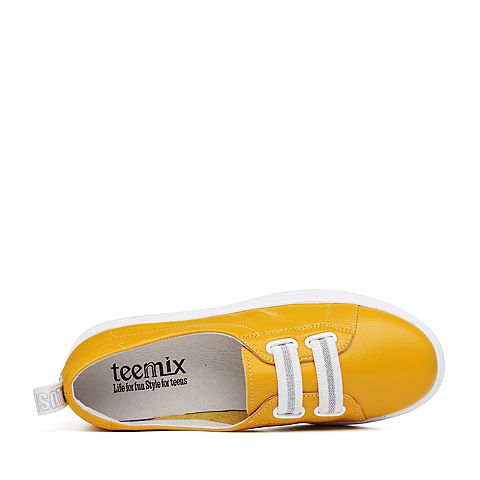 Teenmix/天美意春专柜同款黄色牛皮革条纹松紧带女休闲鞋6W701AQ8