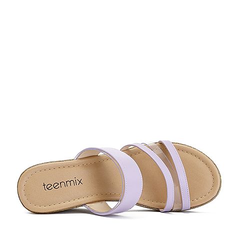 Teenmix/天美意夏专柜同款紫/白色简约多条带印花厚底坡跟女拖鞋CC406BT8