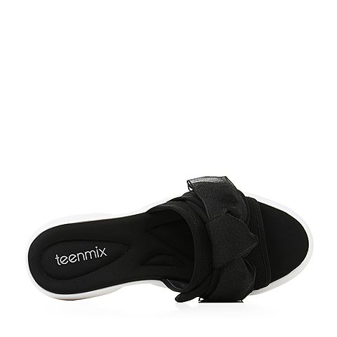 Teenmix/天美意夏专柜同款黑色毛线布蝴蝶结厚底运动风女拖鞋CGW01BT8