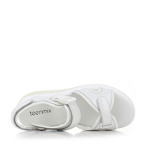 Teenmix/天美意夏专柜同款白色漆牛皮革/纺织品魔术贴女凉鞋AS131BL8