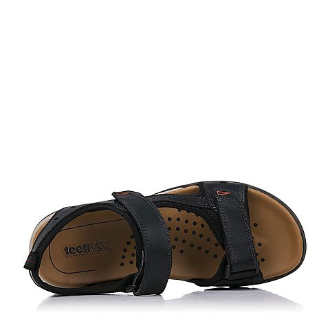 Teenmix/天美意夏季黑色牛皮革时尚简约便捷魔术贴舒适男凉鞋17001BL8