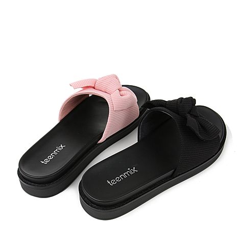 Teenmix/天美意夏专柜同款粉色纺织品蝴蝶结平跟女拖鞋AS151BT8