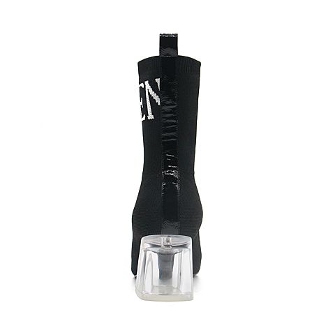 Teenmix/天美意冬黑色纺织品尖头字母透明粗高跟女短靴HL11ADD8