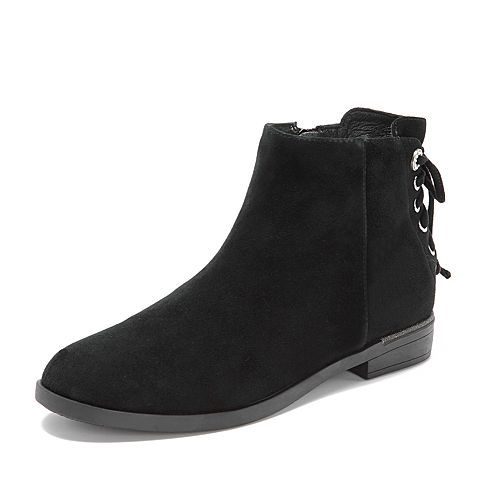 Teenmix/天美意冬专柜同款黑色羊绒皮革/纺织品方跟女短靴CBQ53DD8