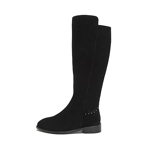 Teenmix/天美意冬商场同款黑色羊绒皮革铆钉方跟女长靴CA581DG8