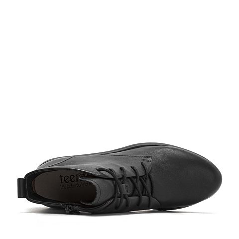 Teenmix/天美意冬商场同款黑色牛皮革休闲风平跟女短靴CG640DD8