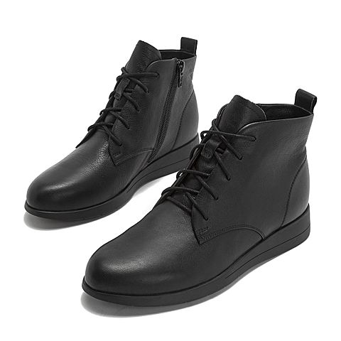 Teenmix/天美意冬商场同款黑色牛皮革休闲风平跟女短靴CG640DD8