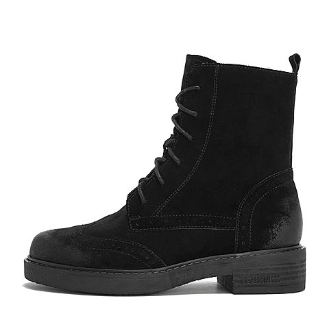Teenmix/天美意冬商场同款黑色/绒面剖层牛皮革舒适方跟马丁靴女短靴CF160DZ8