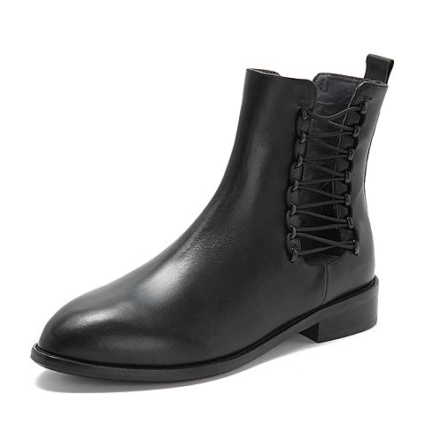 Teenmix/天美意冬专柜同款黑色牛皮革镂空绑带方跟女短靴CA541DD8
