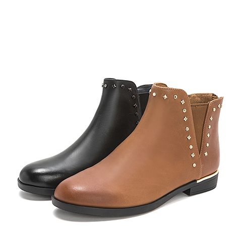 Teenmix/天美意冬专柜同款黑色打蜡牛皮革方跟切尔西靴女短靴CBQ42DD8