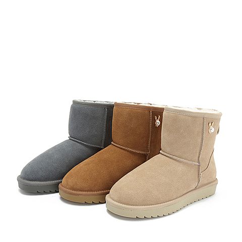 Teenmix/天美意冬棕色牛剖层革平跟雪地靴女休闲靴(仿毛里)W1035DD8