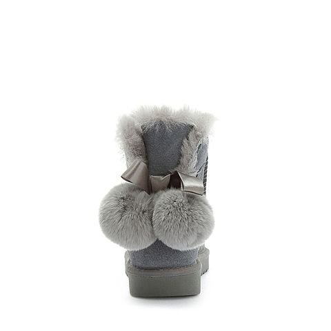 Teenmix/天美意冬灰色牛剖层革毛球装饰平跟雪地靴女短靴(毛里)W1039DD8