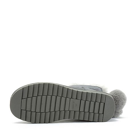 Teenmix/天美意冬灰色牛剖层革毛球装饰平跟雪地靴女短靴(毛里)W1039DD8