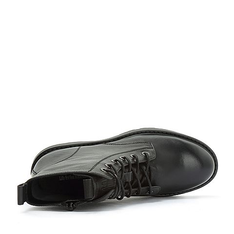 Teenmix/天美意冬黑色打蜡牛皮革舒适方跟马丁靴女短靴CG940DD8