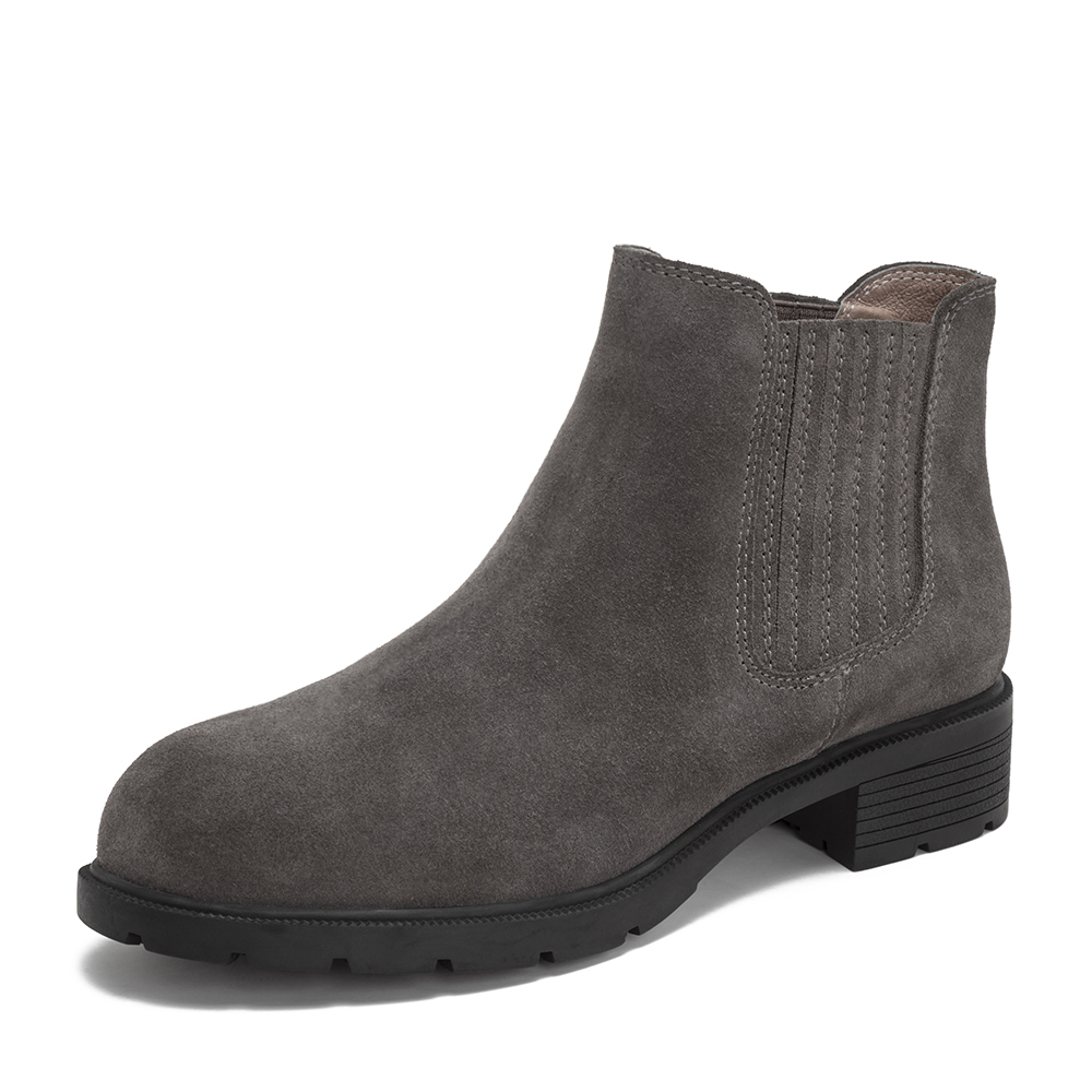 Teenmix/天美意冬商场同款灰色牛剖层皮革方跟切尔西靴女短靴(绒里)AS381DD8