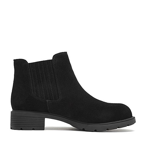 Teenmix/天美意冬商场同款黑色牛剖层皮革方跟切尔西靴女短靴AS381DD8