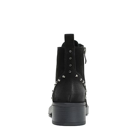 Teenmix/天美意冬商场同款黑色牛皮革时尚铆钉优雅粗跟女短靴AT011DD8