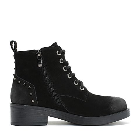 Teenmix/天美意冬商场同款黑色牛皮革时尚铆钉优雅粗跟女短靴AT011DD8
