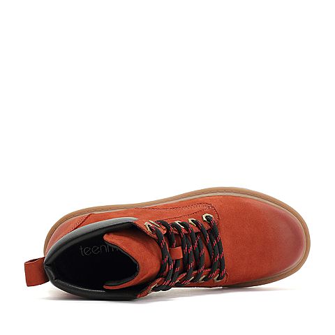 Teenmix/天美意冬商场同款砖红色系带牛皮革女皮靴AT021DD8
