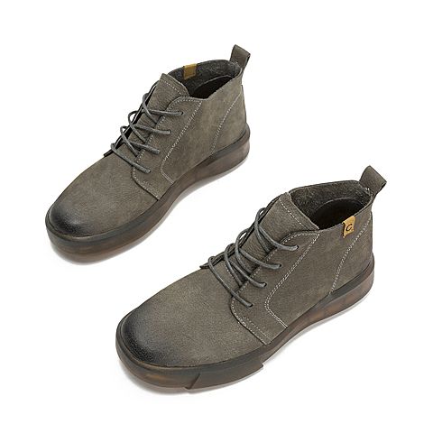 Teenmix/天美意冬灰色磨砂牛皮革舒适平跟休闲靴女短靴B8758DD8
