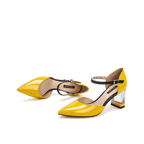Teenmix/天美意夏新款商场同款黄色尖头透明粗跟牛皮革女皮凉鞋高跟鞋CIM38BK9