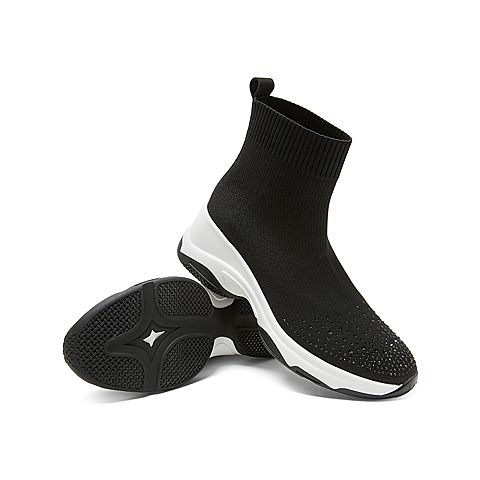 Teenmix/天美意冬新款商场同款黑色街头休闲厚底袜靴女短靴AV431DD9