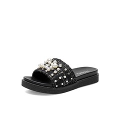 Teenmix/天美意2021夏新款商场同款小香风气质珍珠平跟外穿女拖鞋AZ761BT1