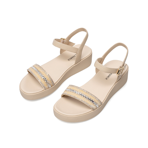 Teenmix/天美意2021夏新款商场同款一字带水钻厚底坡跟女时装凉鞋6Z947BL1