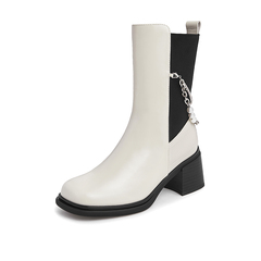 Teenmix/天美意2021冬新款商场同款复古切尔西靴链条女皮中靴CXA61DZ1