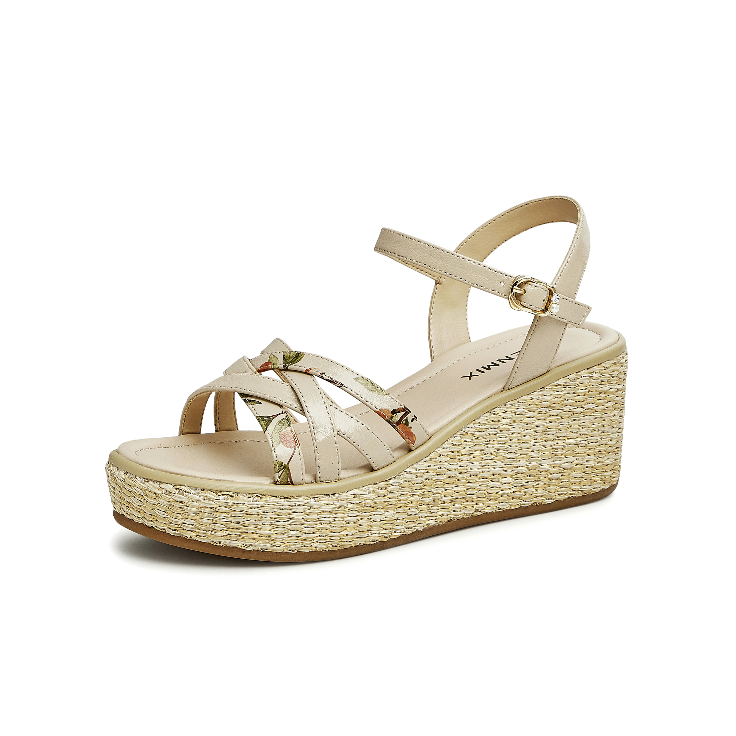 天美意2023夏新款商场同款坡跟文艺编织花朵一字带女凉鞋COO05BL3