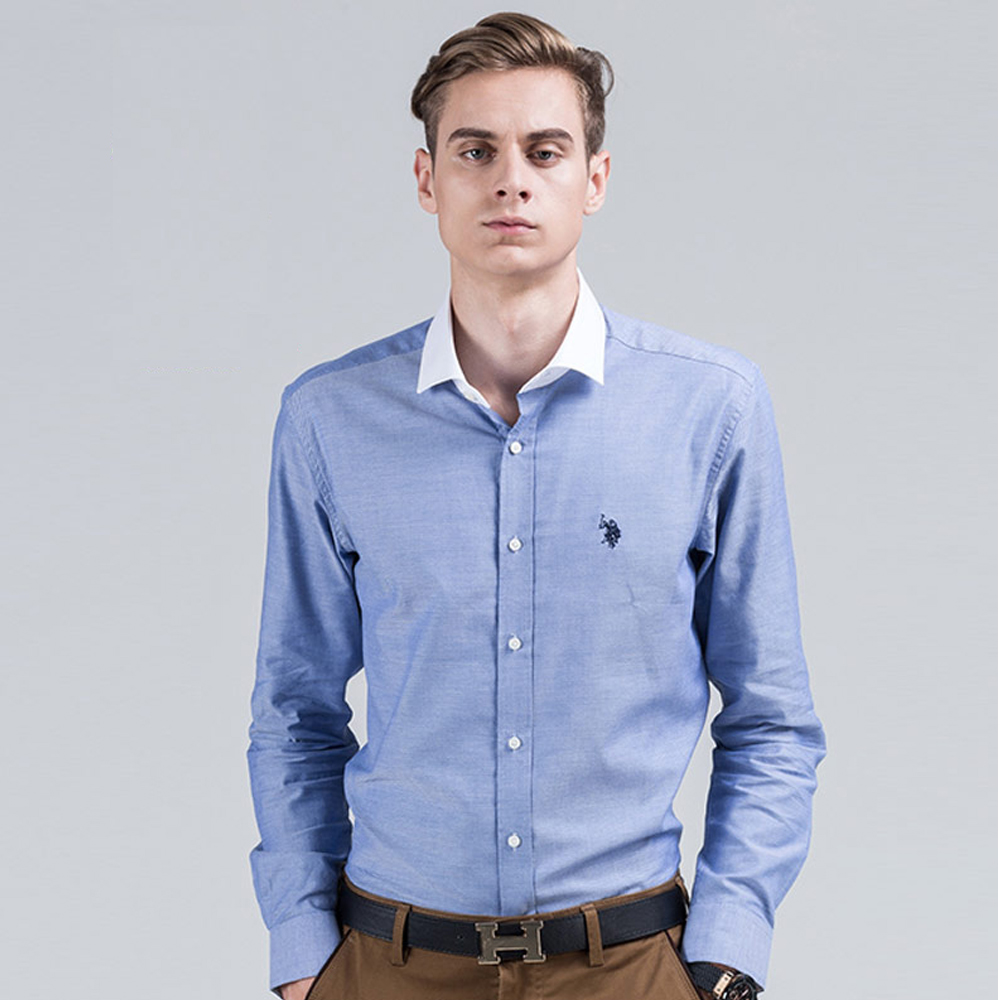 uspolo美国马球协会 新款男士英伦风衬衫 纯色简约纯棉商务休闲长袖衬衫 蓝色 U035LS