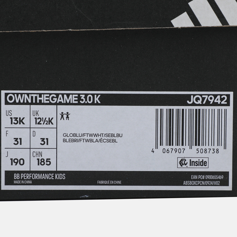 adidas阿迪达斯2025男小童OWNTHEGAME 3.0 K篮球常规JQ7942
