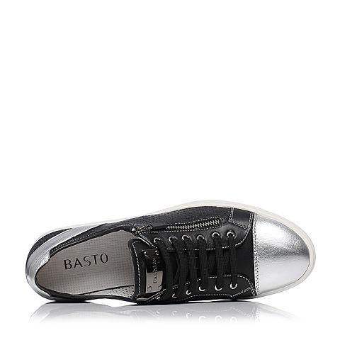 BASTO/百思图夏季专柜同款黑色牛皮革拼接系带男休闲鞋15N06BM6
