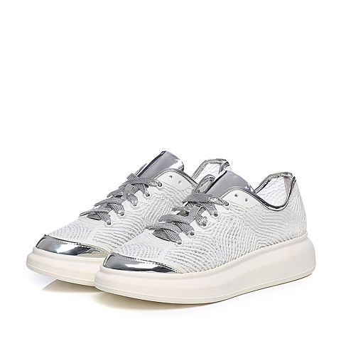 BASTO/百思图春季专柜同款白/银PU革/塑胶系带拼接女休闲鞋16A71AM6