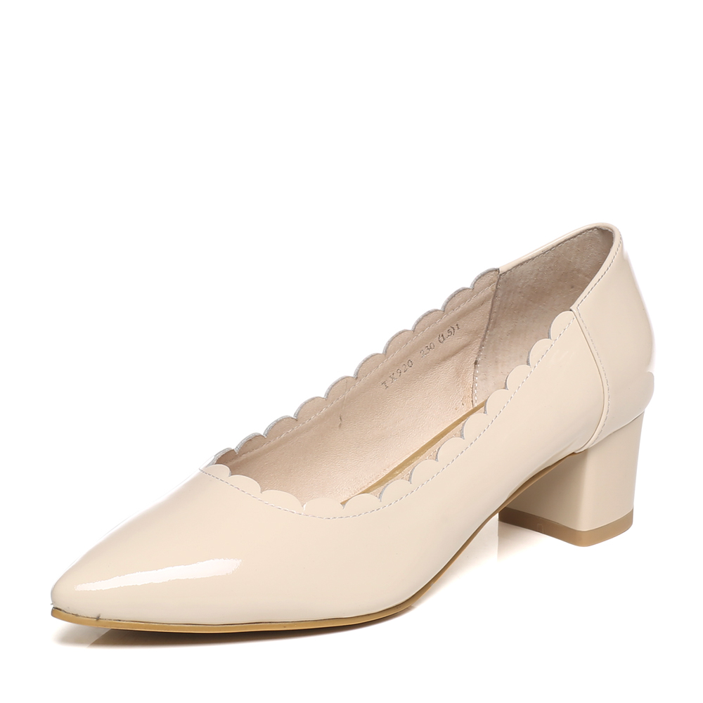 basto/百思图春季专柜同款米色牛皮简约时尚粗中跟尖头女单鞋tx920aq7