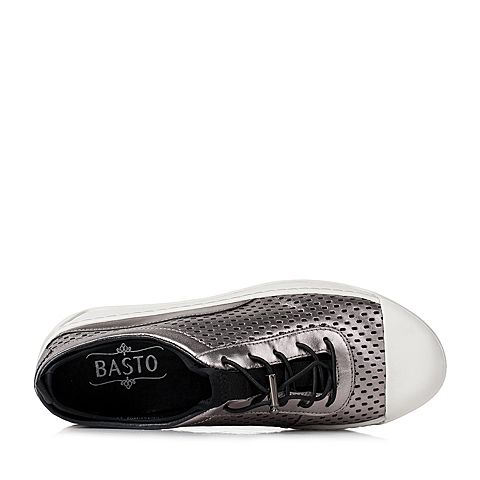BASTO/百思图春季专柜同款浅铜色牛皮简约休闲松紧带坡跟女单鞋YCM02AM7