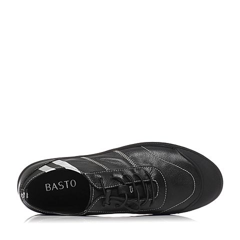 basto/百思图春季专柜同款黑色牛皮系带拼色舒适男休闲鞋bif01am7