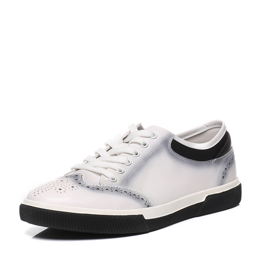 basto/百思图春季白色牛皮系带镂空男休闲鞋bft06am7