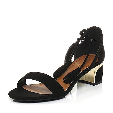 BASTO/百思图夏季专柜同款黑色羊绒皮流苏绑带一字女凉鞋TCT03BL7