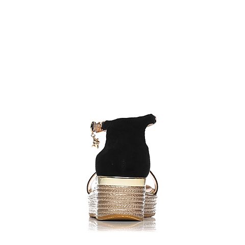 BASTO/百思图夏季专柜同款黑色羊皮简约一字坡跟女凉鞋TG217BL7