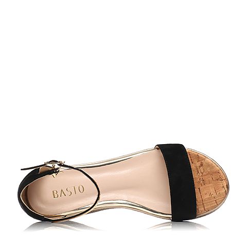 BASTO/百思图夏季专柜同款黑色羊皮简约一字坡跟女凉鞋TG217BL7