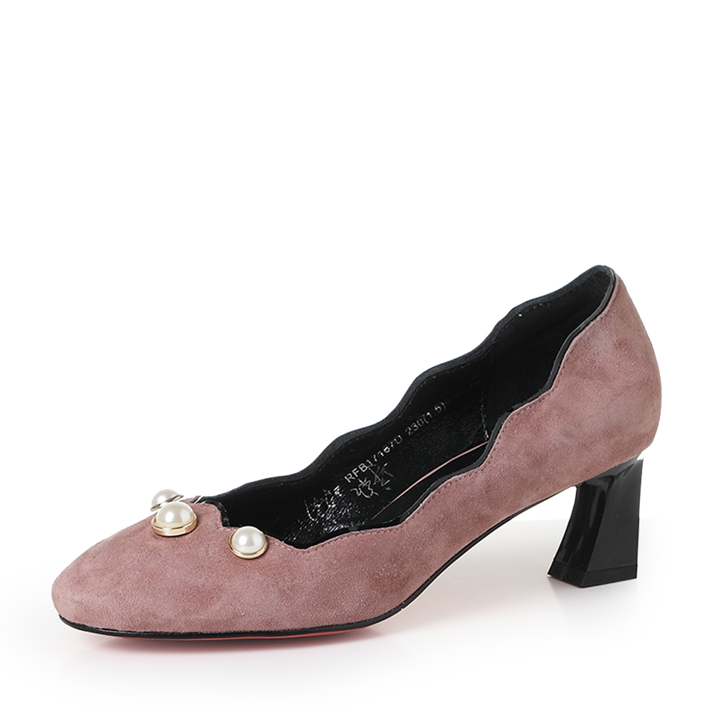 basto/百思图春季豆沙色羊绒皮优雅通勤女单鞋17167aq7