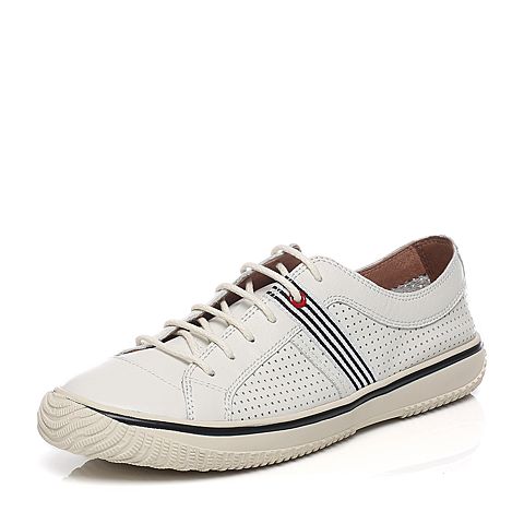 basto/百思图夏季白色摔纹牛皮时尚镂空圆头系带男休闲鞋bfn03bm7