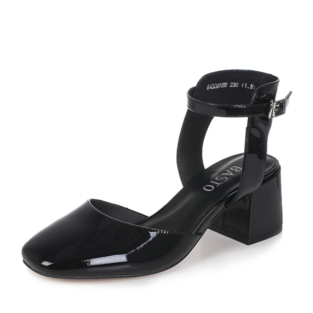 BASTO/百思图夏季黑色牛皮简约纯色时尚方头粗跟女皮凉鞋0601BBL7