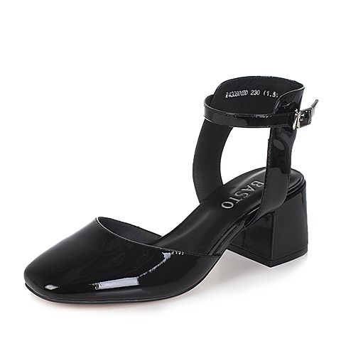 BASTO/百思图夏季黑色牛皮简约纯色时尚方头粗跟女皮凉鞋0601BBL7