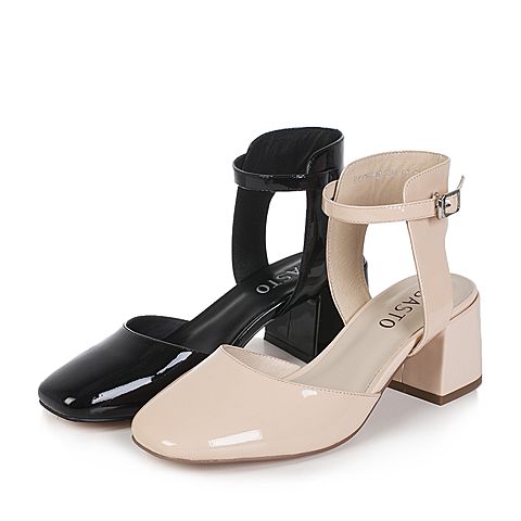 BASTO/百思图夏季黑色牛皮简约纯色时尚方头粗跟女皮凉鞋0601BBL7