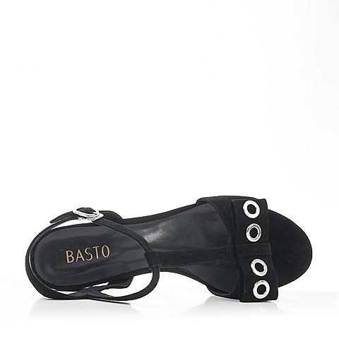 BASTO/百思图夏季黑色羊皮蝴蝶结简约T字粗跟女皮凉鞋L097DBL7